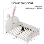 Twin Kids Platform Bed with Rabbit Headboard, PU Leather Upholstered Frame with Footboard Pockets for Boys & Girls, Brown