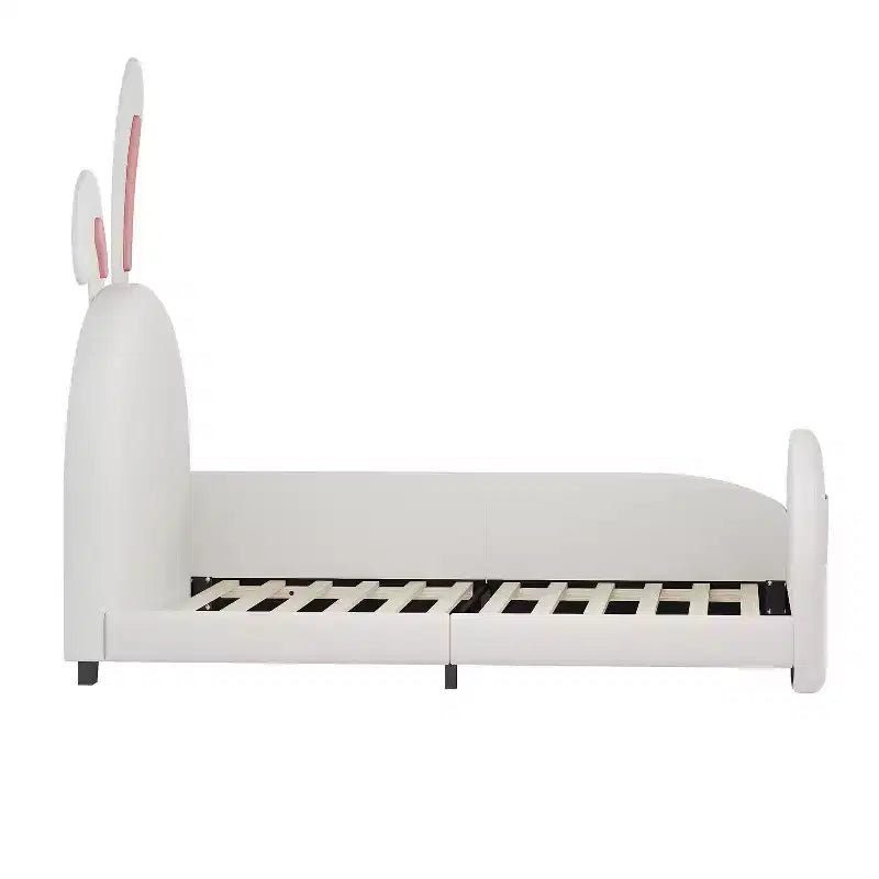 Twin Kids Platform Bed with Rabbit Headboard, PU Leather Upholstered Frame with Footboard Pockets for Boys & Girls, Brown