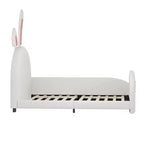 Twin Kids Platform Bed with Rabbit Headboard, PU Leather Upholstered Frame with Footboard Pockets for Boys & Girls, Brown