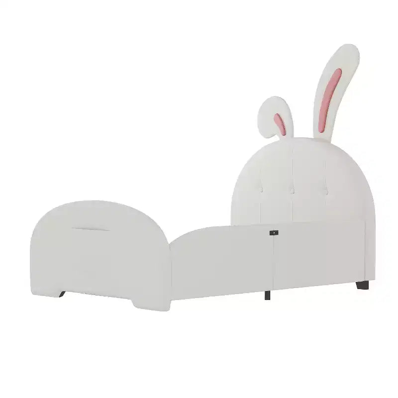 Twin Kids Platform Bed with Rabbit Headboard, PU Leather Upholstered Frame with Footboard Pockets for Boys & Girls, Brown