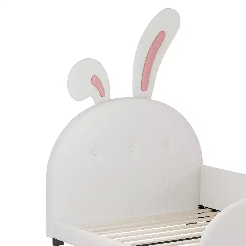 Twin Kids Platform Bed with Rabbit Headboard, PU Leather Upholstered Frame with Footboard Pockets for Boys & Girls, Brown
