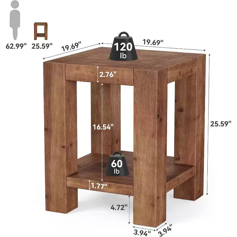 Solid Wood 2-Tier Nightstand with Storage Shelf, Farmhouse Style, Rustic Brown