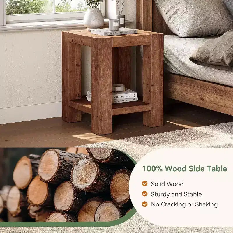 Solid Wood 2-Tier Nightstand with Storage Shelf, Farmhouse Style, Rustic Brown