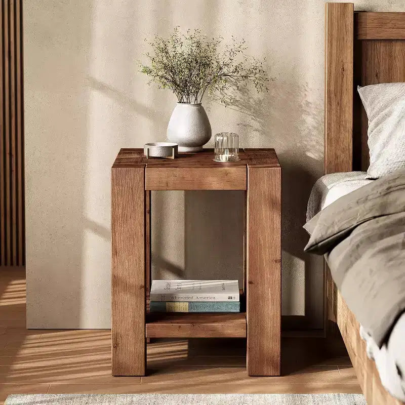 Solid Wood 2-Tier Nightstand with Storage Shelf, Farmhouse Style, Rustic Brown