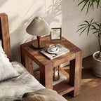 Solid Wood 2-Tier Nightstand with Storage Shelf, Farmhouse Style, Rustic Brown