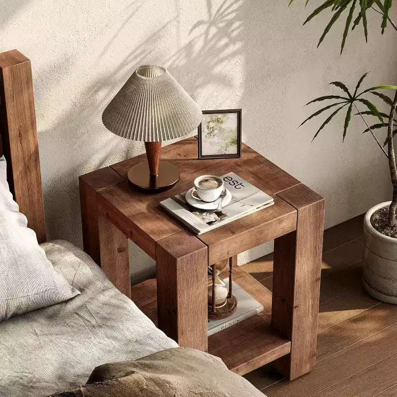 Solid Wood 2-Tier Nightstand with Storage Shelf, Farmhouse Style, Rustic Brown