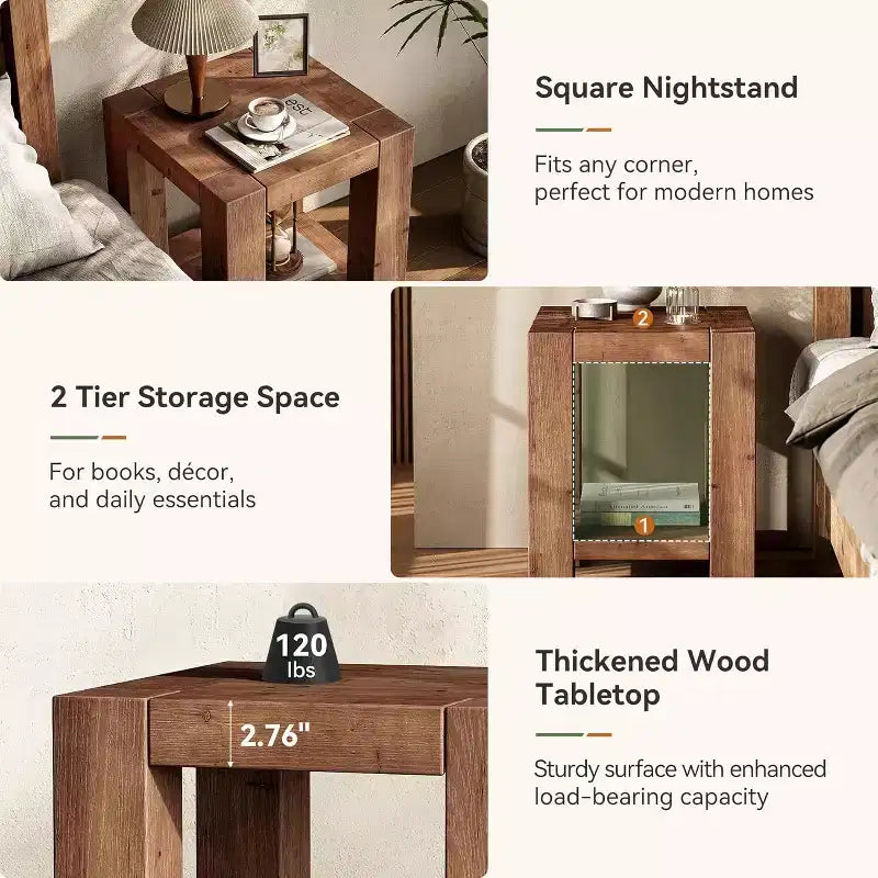 Solid Wood 2-Tier Nightstand with Storage Shelf, Farmhouse Style, Rustic Brown