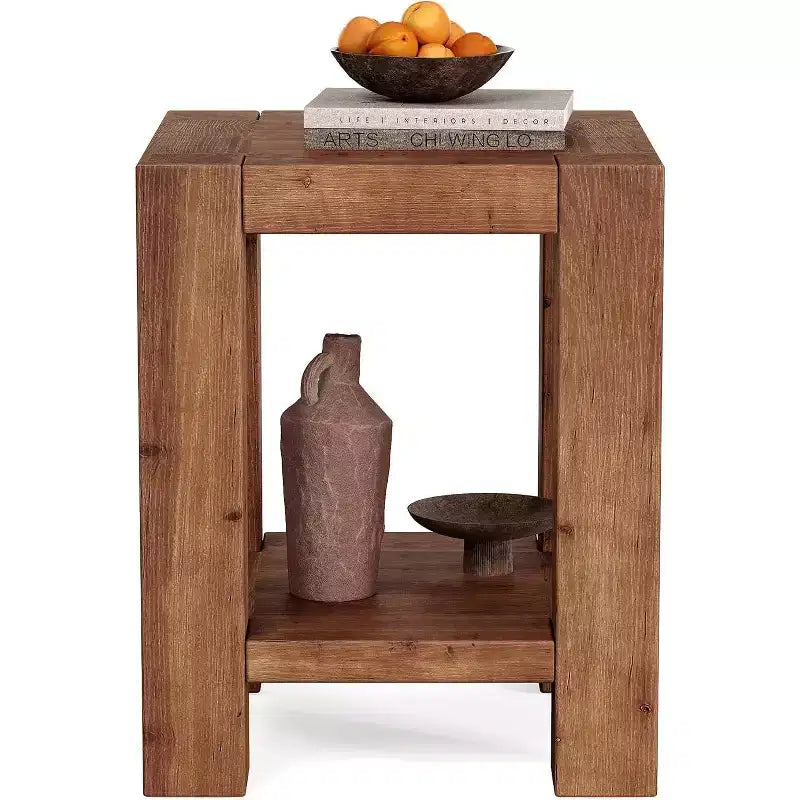 Solid Wood 2-Tier Nightstand with Storage Shelf, Farmhouse Style, Rustic Brown