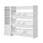 Kids Toy Storage Organizer with Bookshelf, 4-Tier Cubby Cabinet with 8 Plastic Bins for Playroom, Bedroom, Nursery & Classroom, White