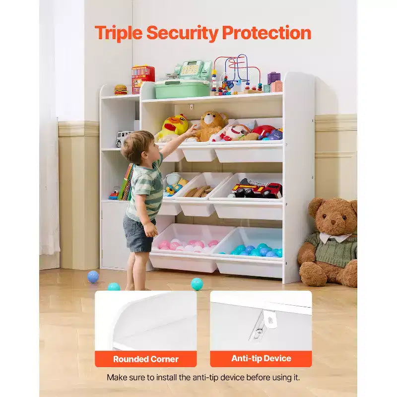4-Tier Kids Storage Organizer with Bookshelf and 8 Plastic Bins, White