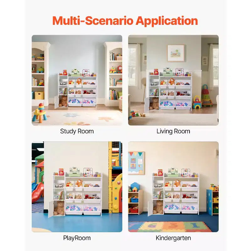 4-Tier Kids Storage Organizer with Bookshelf and 8 Plastic Bins, White