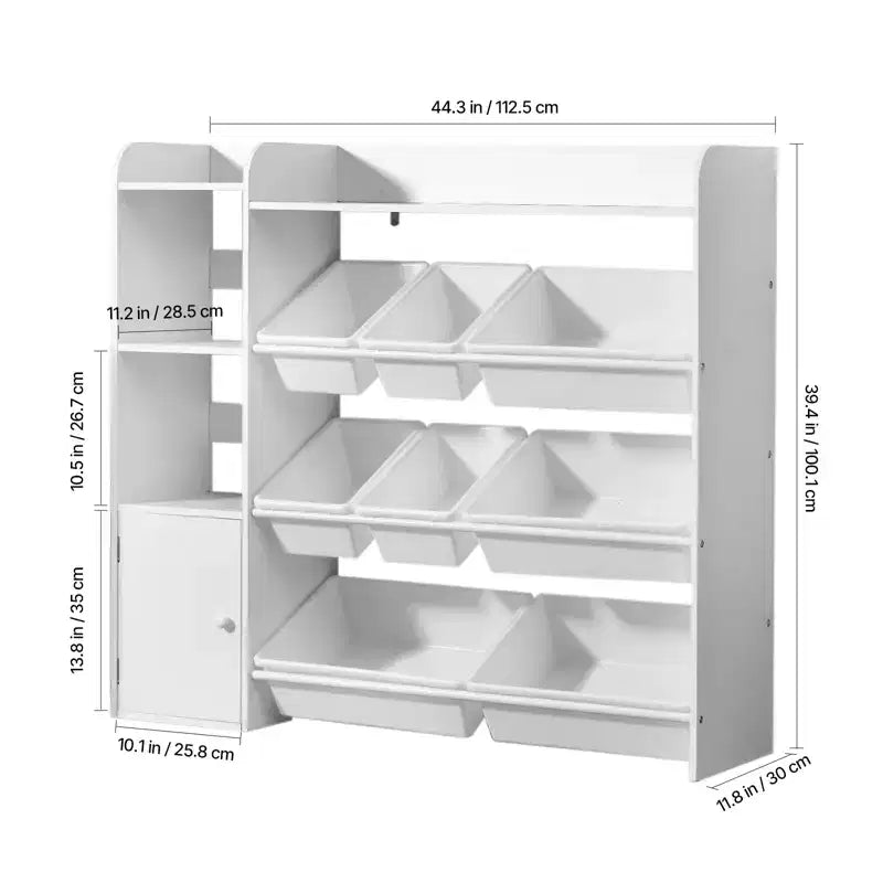 4-Tier Kids Storage Organizer with Bookshelf and 8 Plastic Bins, White