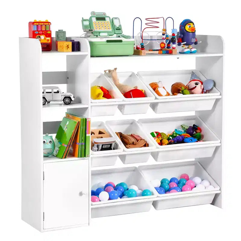4-Tier Kids Storage Organizer with Bookshelf and 8 Plastic Bins, White