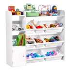 4-Tier Kids Storage Organizer with Bookshelf and 8 Plastic Bins, White