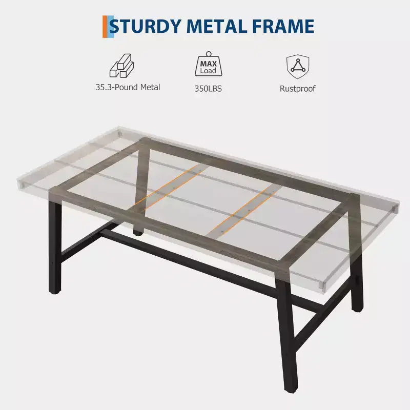 Rectangular Dining Table for 4-6, Industrial Style with Metal Frame and Wood Tabletop