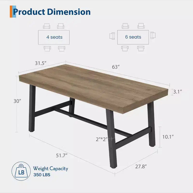 Rectangular Dining Table for 4-6, Industrial Style with Metal Frame and Wood Tabletop