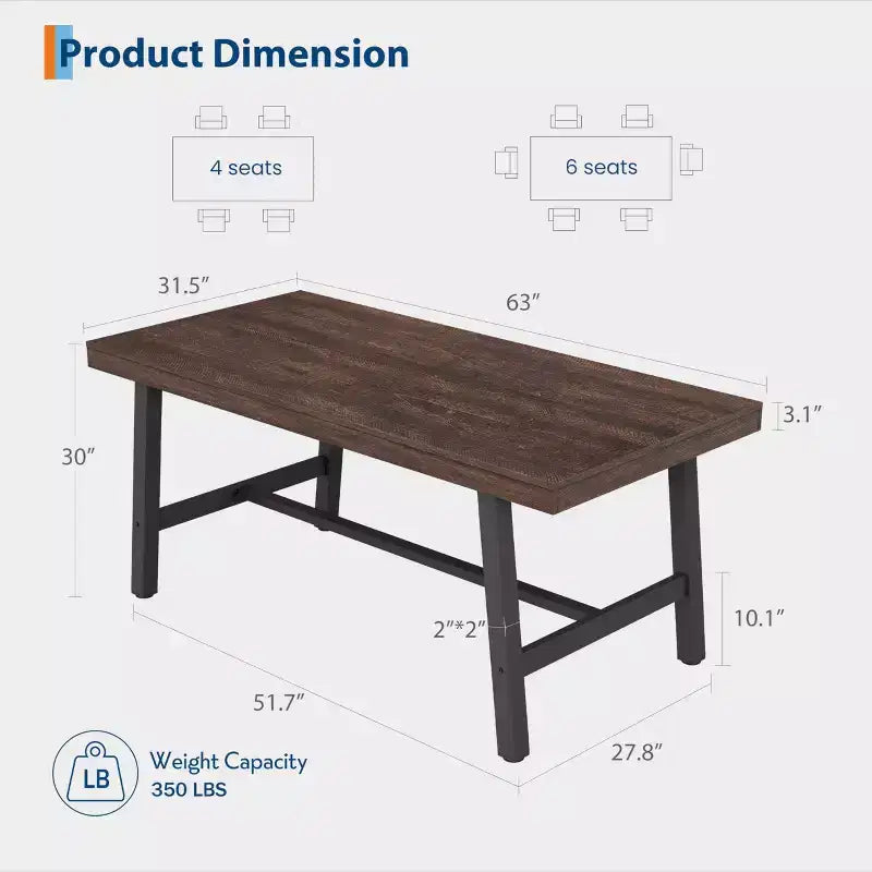 Rectangular Dining Table for 4-6, Industrial Style with Metal Frame and Wood Tabletop