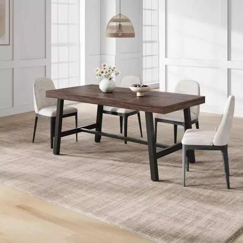 Rectangular Dining Table for 4-6, Industrial Style with Metal Frame and Wood Tabletop