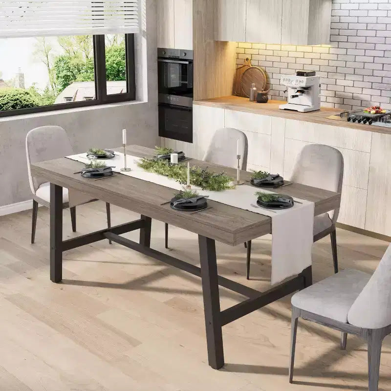 Rectangular Dining Table for 4-6, Industrial Style with Metal Frame and Wood Tabletop