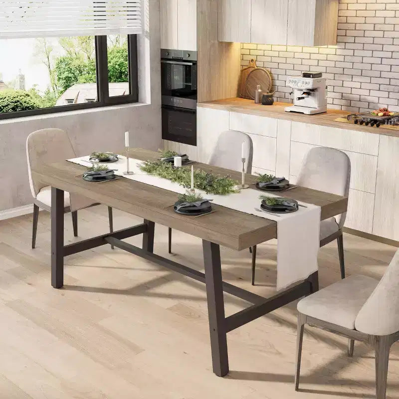 Rectangular Dining Table for 4-6, Industrial Style with Metal Frame and Wood Tabletop