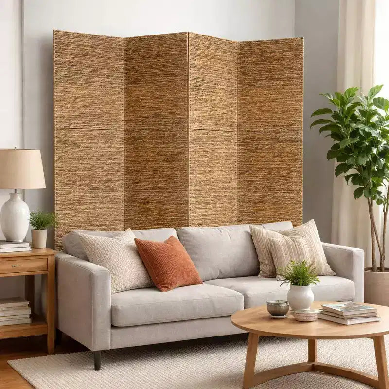 Water Hyacinth 4-Panel Folding Room Divider with Metal Frame