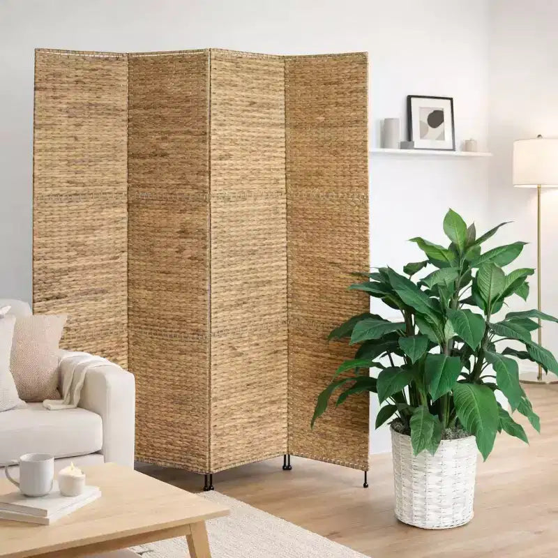 Water Hyacinth 4-Panel Folding Room Divider with Metal Frame