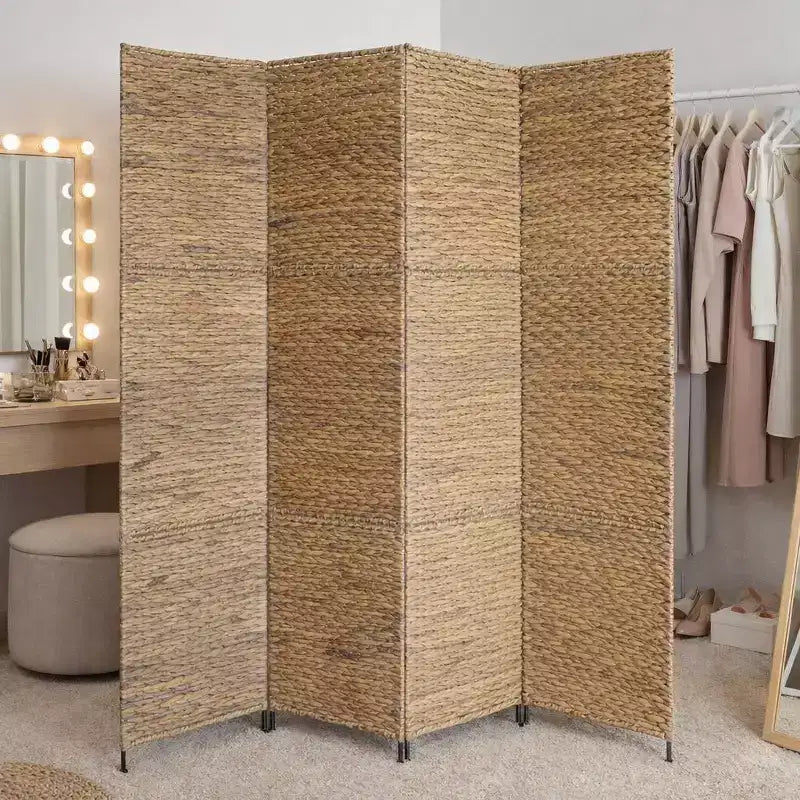 Water Hyacinth 4-Panel Folding Room Divider with Metal Frame