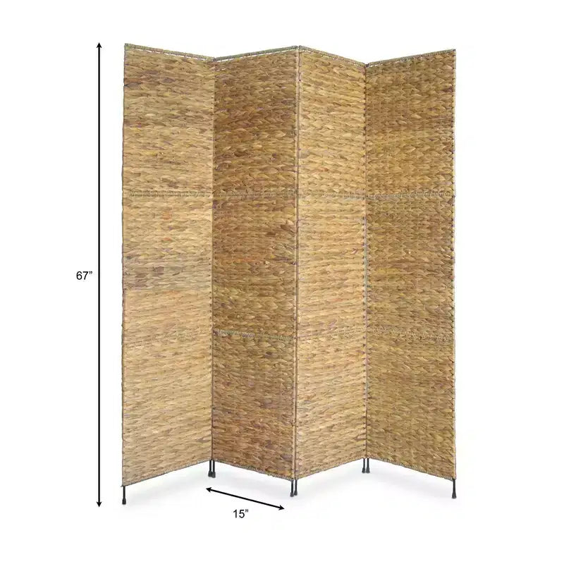 Water Hyacinth 4-Panel Folding Room Divider with Metal Frame