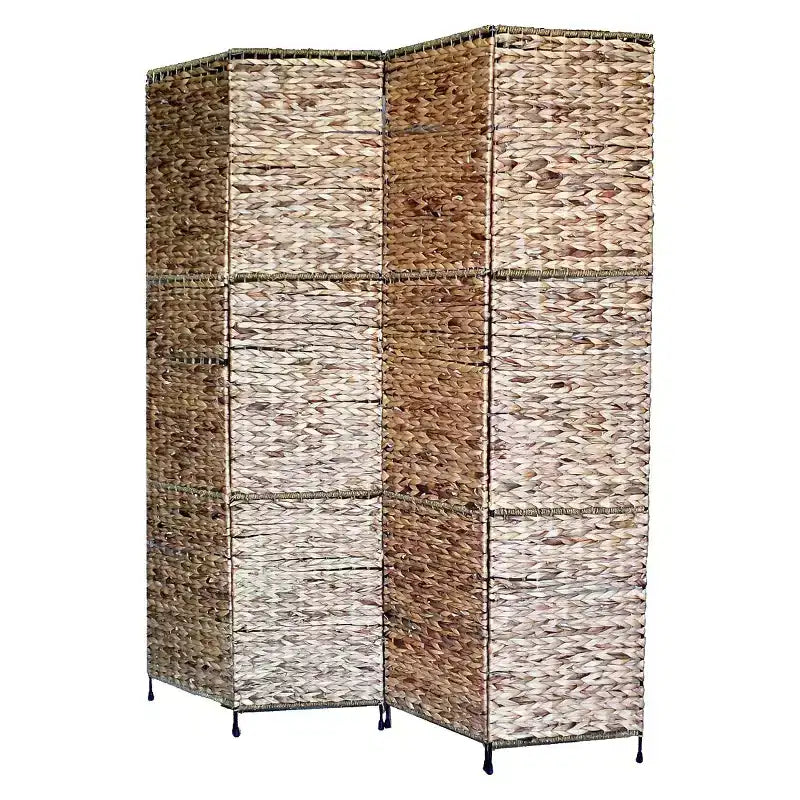 Water Hyacinth 4-Panel Folding Room Divider with Metal Frame