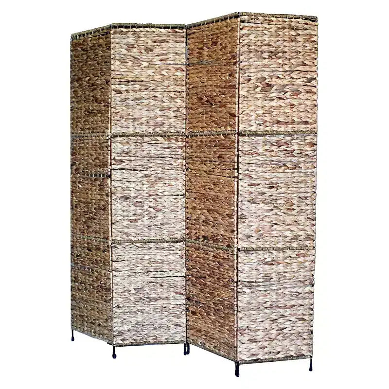 Water Hyacinth 4-Panel Folding Room Divider with Metal Frame