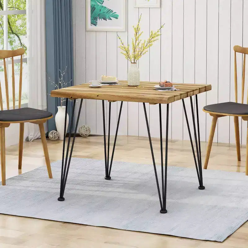 32" Square Industrial Outdoor Dining Table with Acacia Wood Top