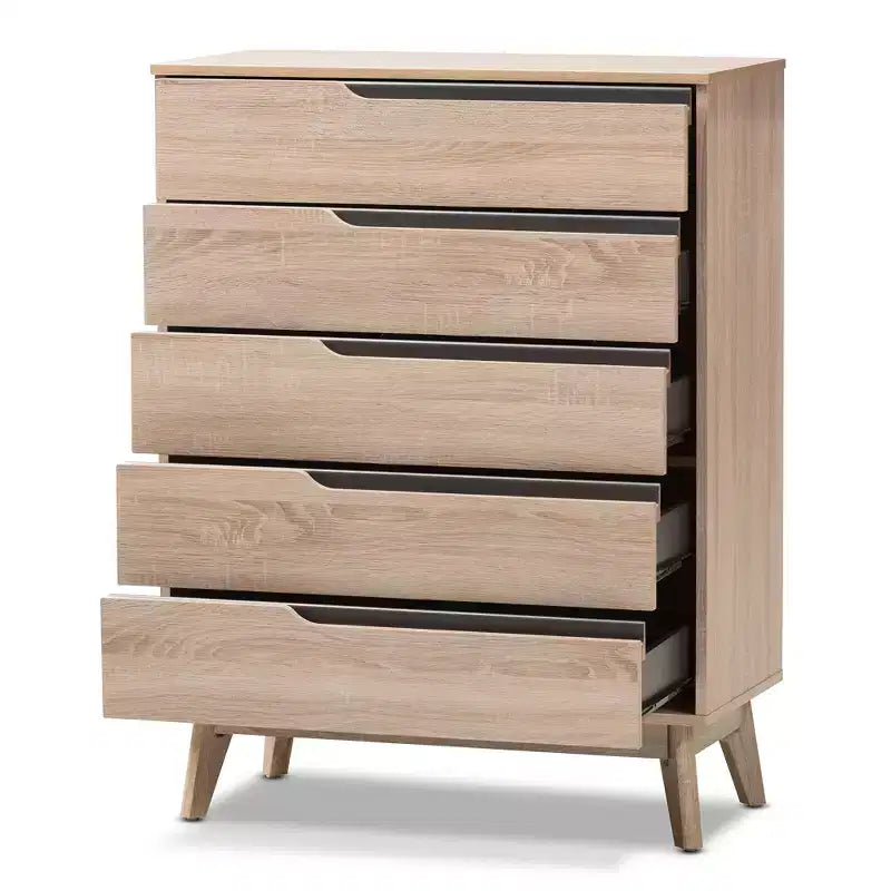 Mid-Century Modern Two-Tone 5-Drawer Chest – Oak & Gray Finish