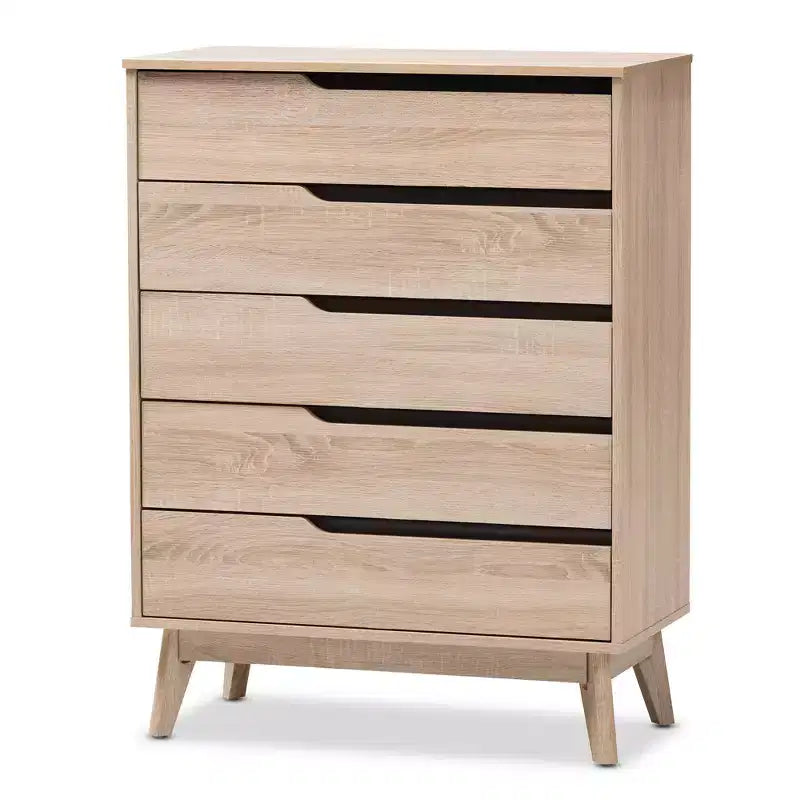 Mid-Century Modern Two-Tone 5-Drawer Chest – Oak & Gray Finish
