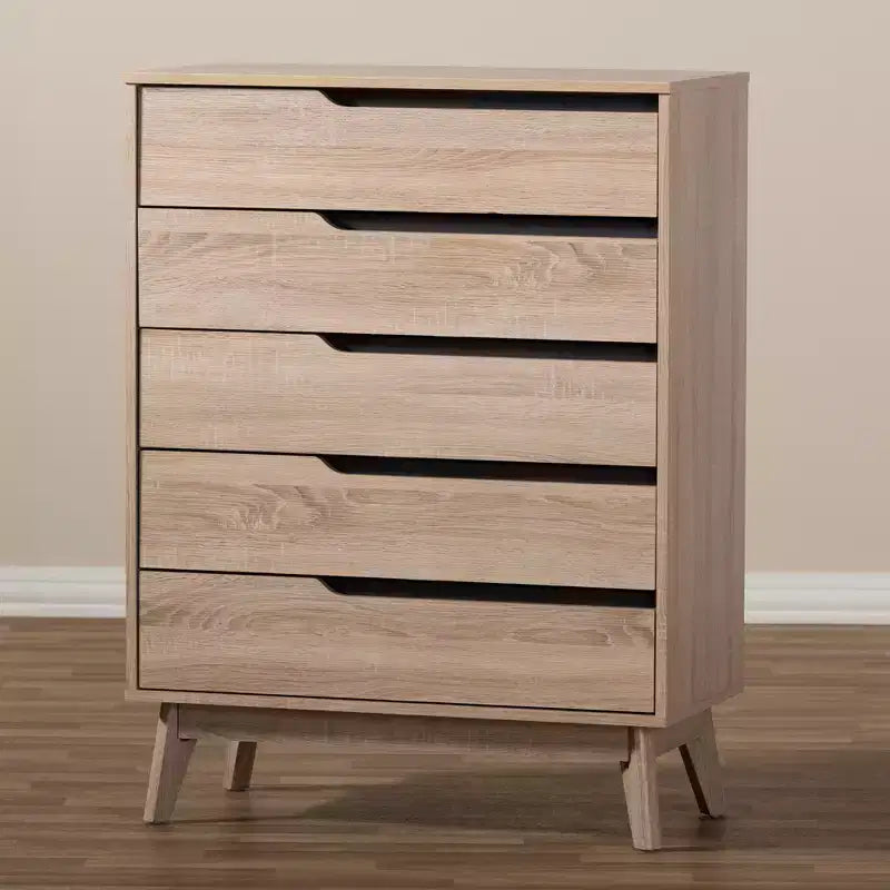 Mid-Century Modern Two-Tone 5-Drawer Chest – Oak & Gray Finish
