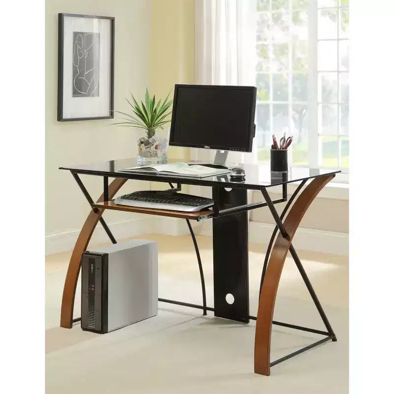 Computer Desk with Tempered Glass Top and Pull-Out Keyboard Tray
