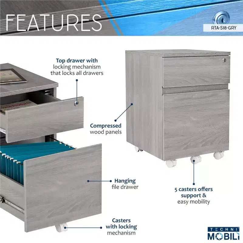 Rolling 2-Drawer Vertical File Cabinet with Lock – Gray