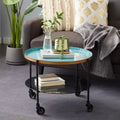 Round Metal Wheeled Coffee Table with Enamel Tray Top, Blue