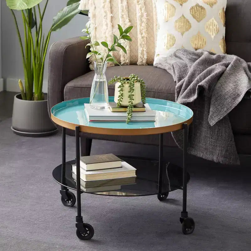 Round Metal Wheeled Coffee Table with Enamel Tray Top, Blue