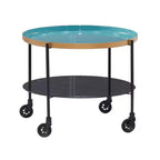 Round Metal Wheeled Coffee Table with Enamel Tray Top, Blue
