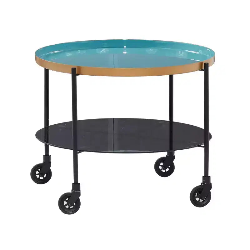 Round Metal Wheeled Coffee Table with Enamel Tray Top, Blue