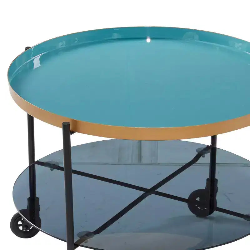 Round Metal Wheeled Coffee Table with Enamel Tray Top, Blue