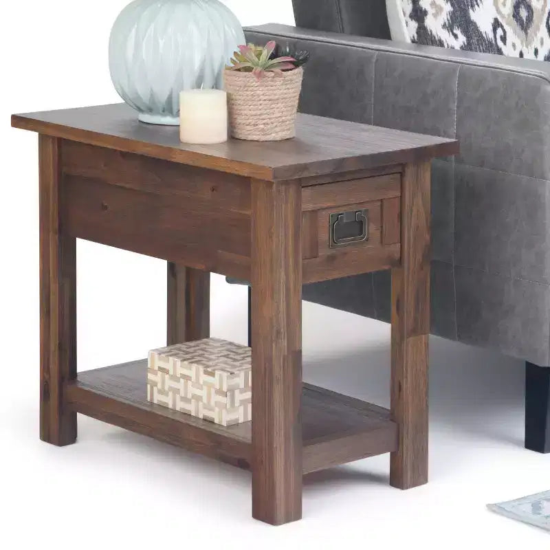 14 Inch Narrow Side Table with Drawer and Open Shelf