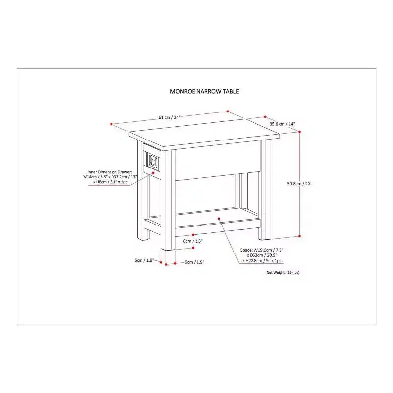 14 Inch Narrow Side Table with Drawer and Open Shelf