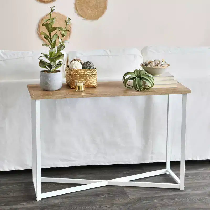 Console Sofa Table with Wood Grain Top and White Metal Frame